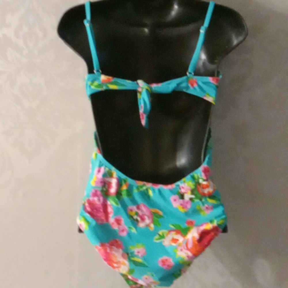 Time and Tru Floral One Piece Swimsuit - Teal and Pink - Picture 3 of 4